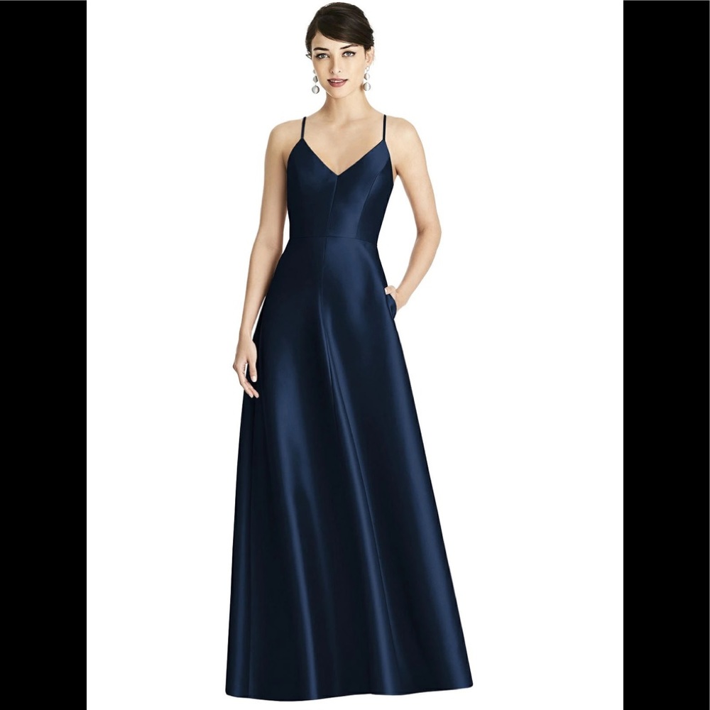 ALFRED SUNG Navy Satin V-Neck Spaghetti Strap A-Line Gown